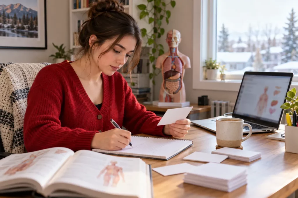 A learner studying medical terminology with flashcards and an anatomy model