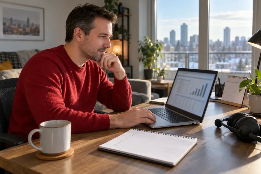 An adult learner practising spreadsheets and scheduling at a home desk