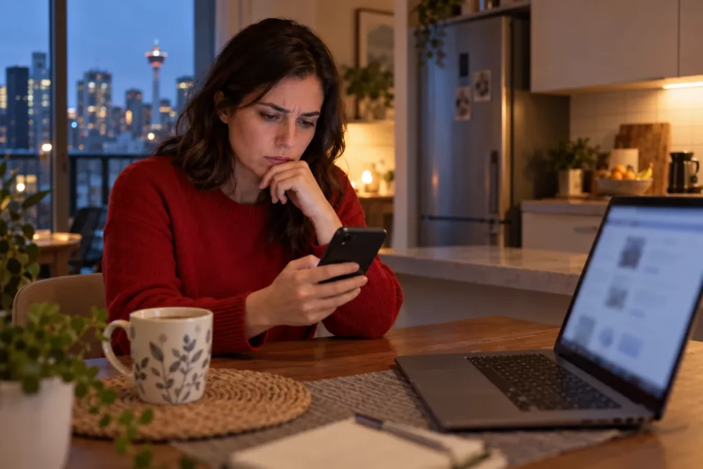 A job seeker checking a suspicious message on her phone at a kitchen table